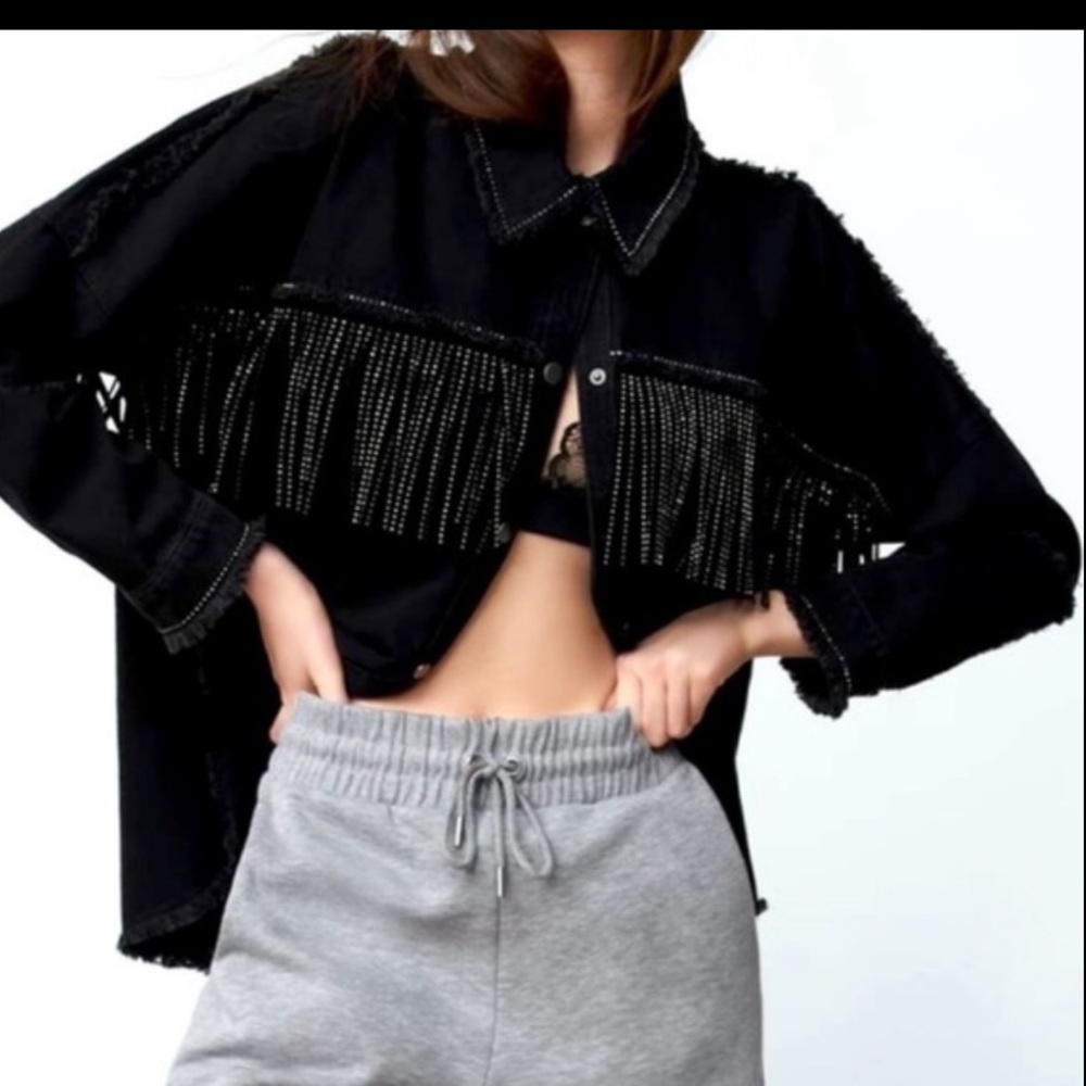 Zara denim jacket with fringe, size M - Picture 2 of 9